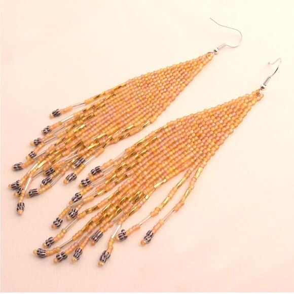 Orange Bohemian Seed Bead Tassel Dangling Statement French Wire Hook Earrings - Picture 2 of 7